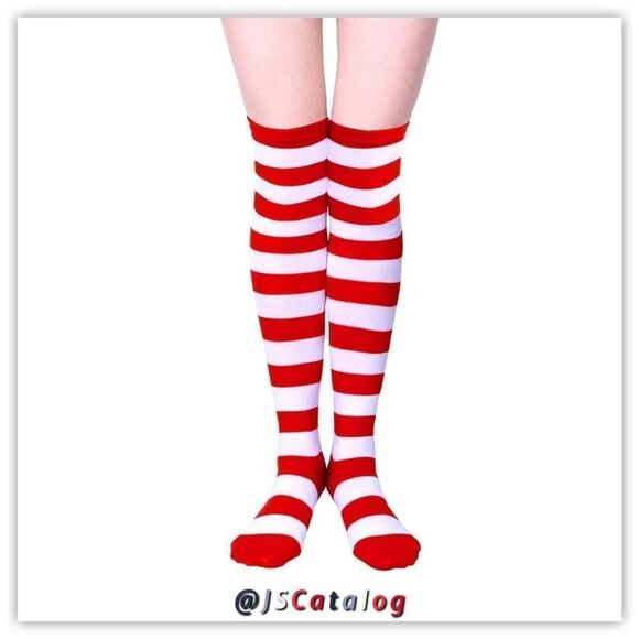 Candy Cane Striped Cotton Thigh-Highs Socks OSFM - Picture 7 of 13